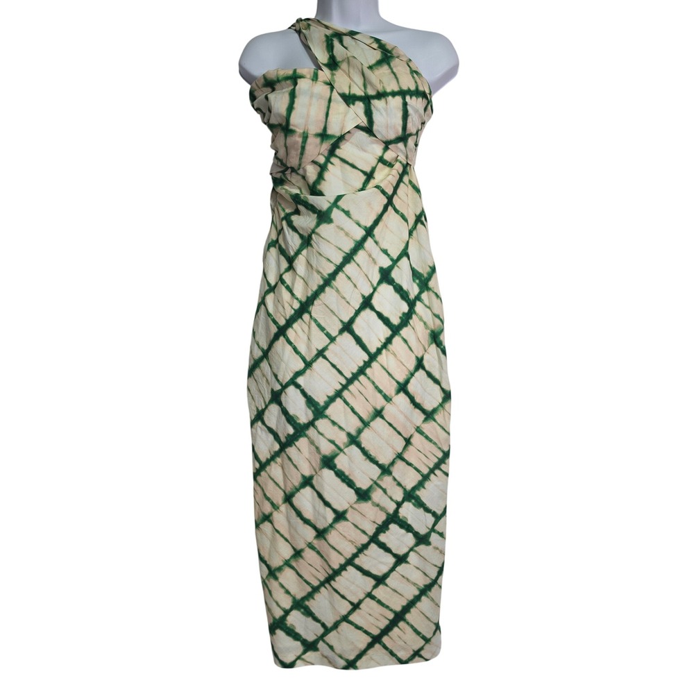 Zara Geometric Asymmetrical Tie Dye Printed Midi Dress Ruched Green Tan Womens M